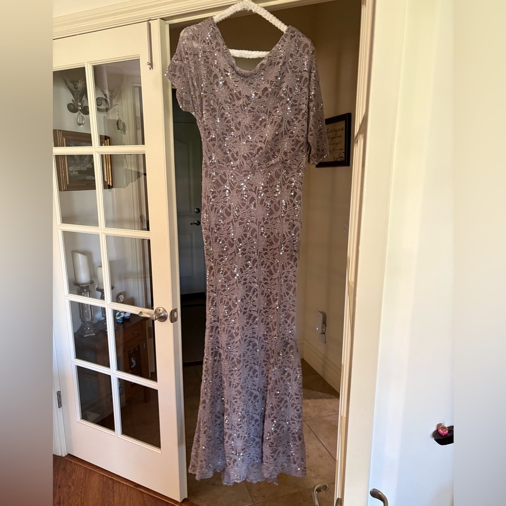 Betsy & Adam tan/brown lace off shoulder dress with sequins